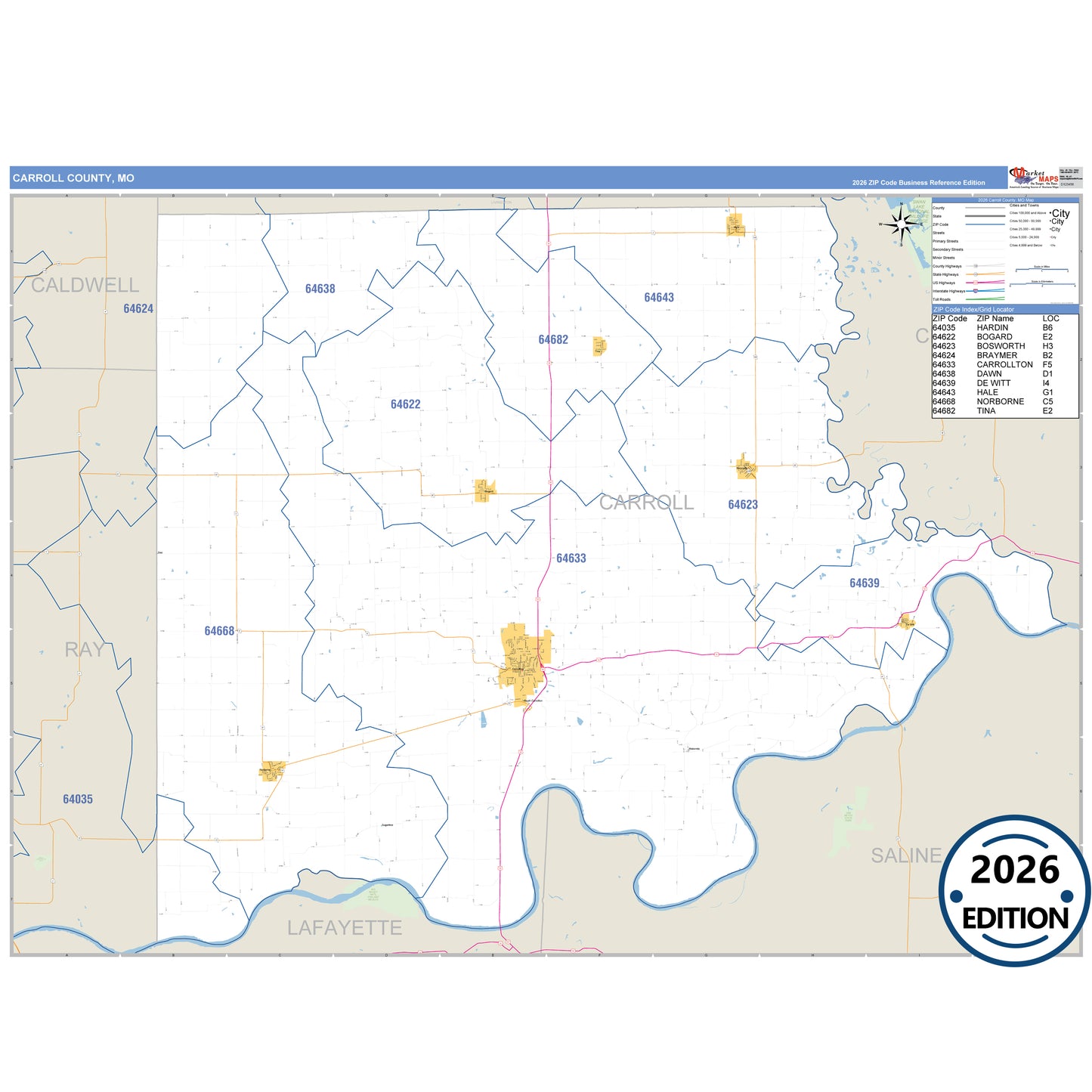 Carroll County, MO Business Reference 5 Digit ZIP Code Wall Map