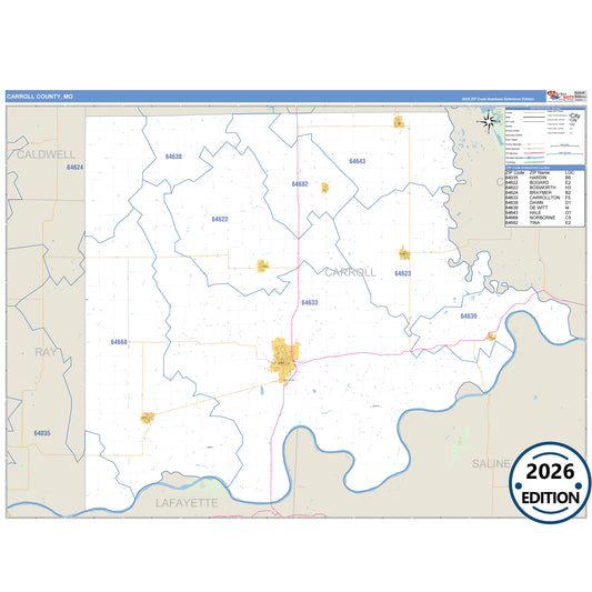 Carroll County, MO Business Reference 5 Digit ZIP Code Wall Map