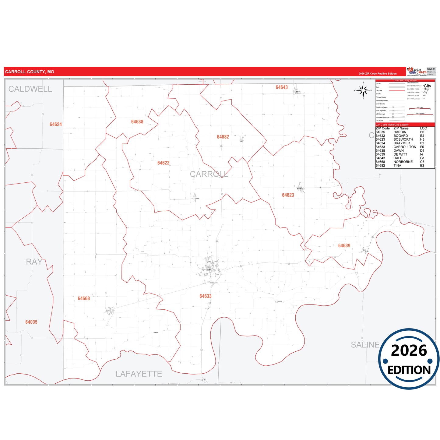 Carroll County, MO Red Line 5 Digit ZIP Code Wall Map