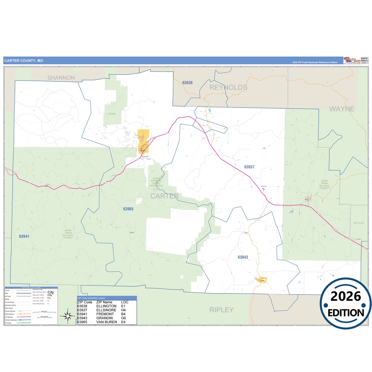 Carter County, MO Business Reference 5 Digit ZIP Code Wall Map