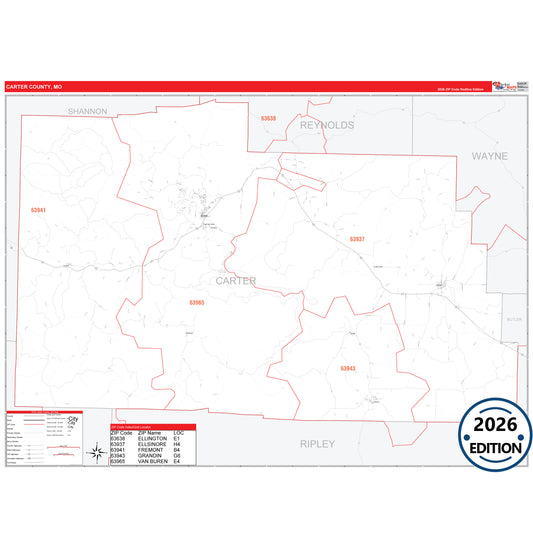 Carter County, MO Red Line 5 Digit ZIP Code Wall Map