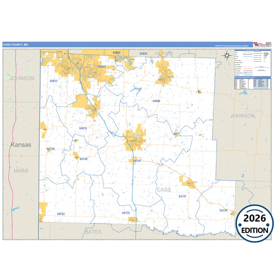 Cass County, MO Business Reference 5 Digit ZIP Code Wall Map