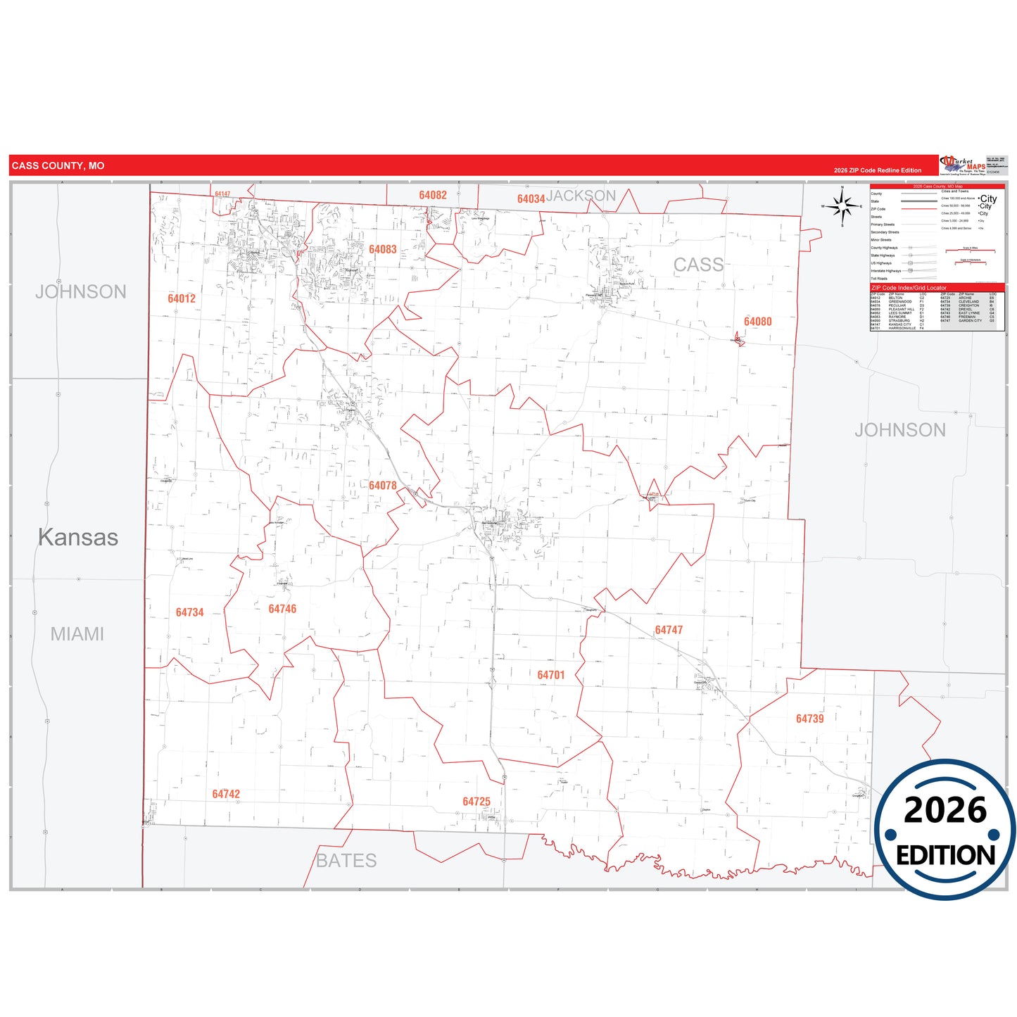 Cass County, MO Red Line 5 Digit ZIP Code Wall Map