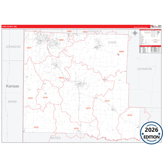 Cass County, MO Red Line 5 Digit ZIP Code Wall Map