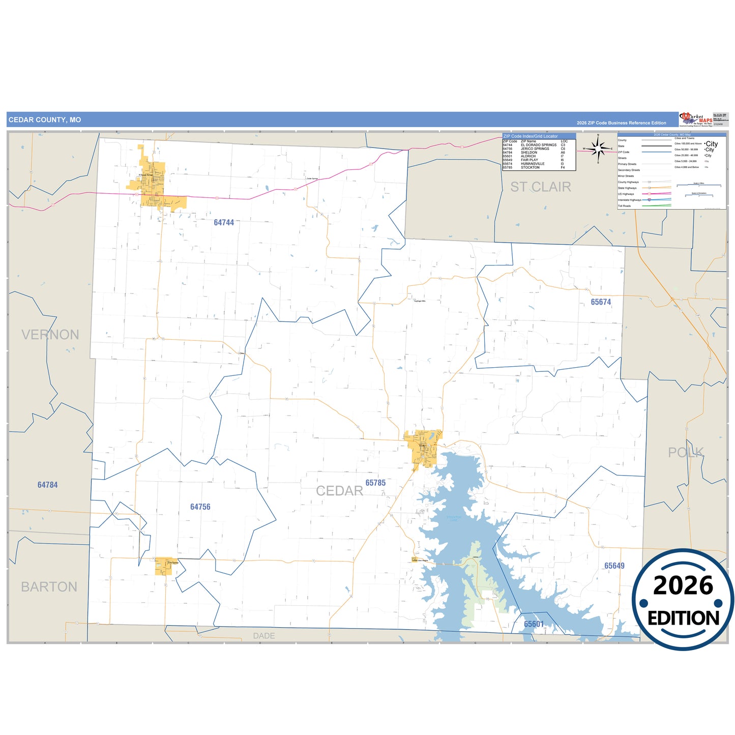 Cedar County, MO Business Reference 5 Digit ZIP Code Wall Map