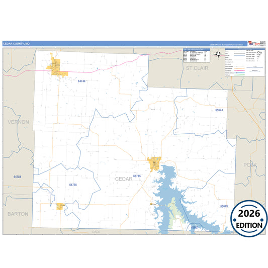 Cedar County, MO Business Reference 5 Digit ZIP Code Wall Map