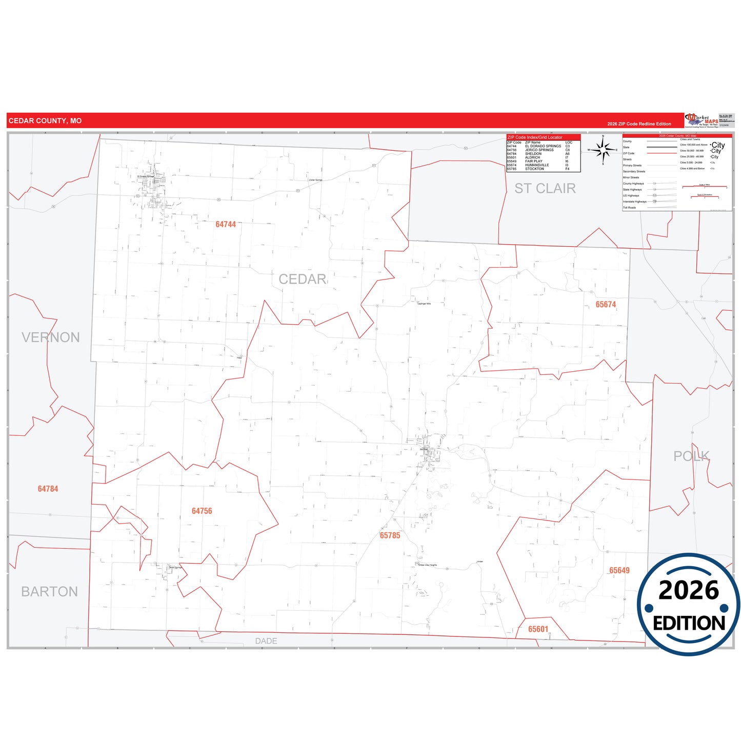 Cedar County, MO Red Line 5 Digit ZIP Code Wall Map