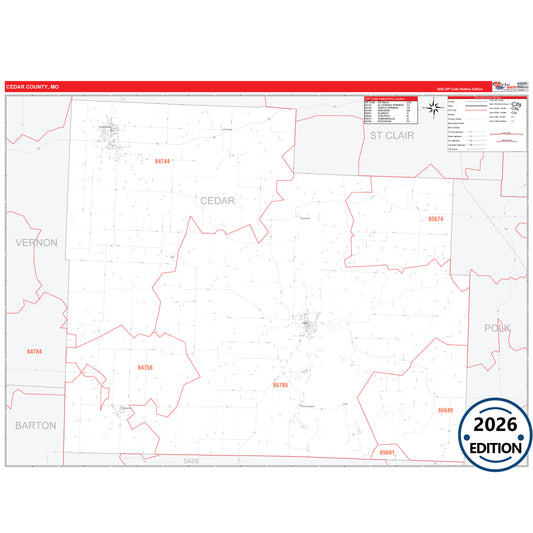Cedar County, MO Red Line 5 Digit ZIP Code Wall Map
