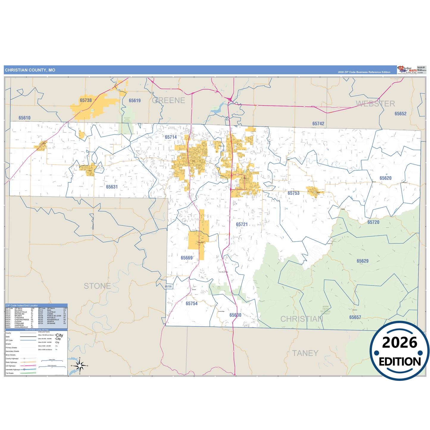 Christian County, MO Business Reference 5 Digit ZIP Code Wall Map