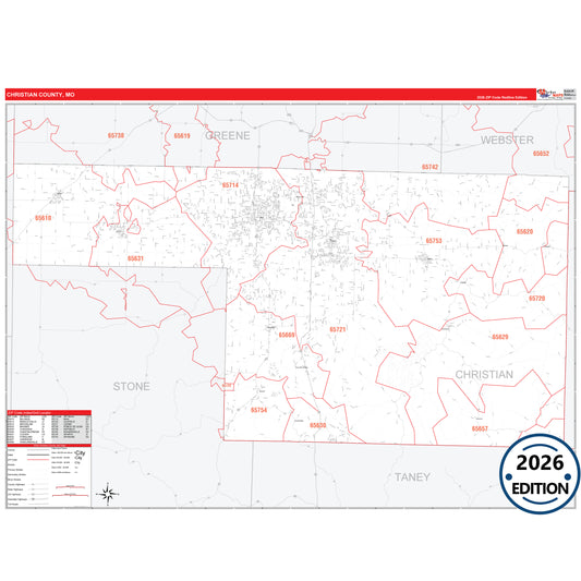 Christian County, MO Red Line 5 Digit ZIP Code Wall Map