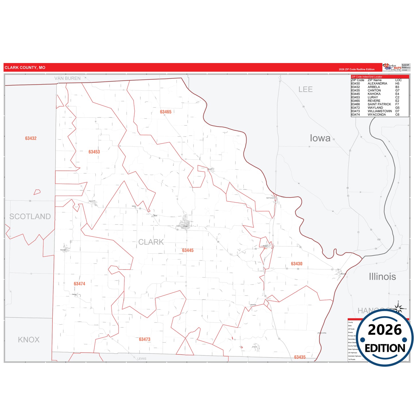 Clark County, MO Red Line 5 Digit ZIP Code Wall Map