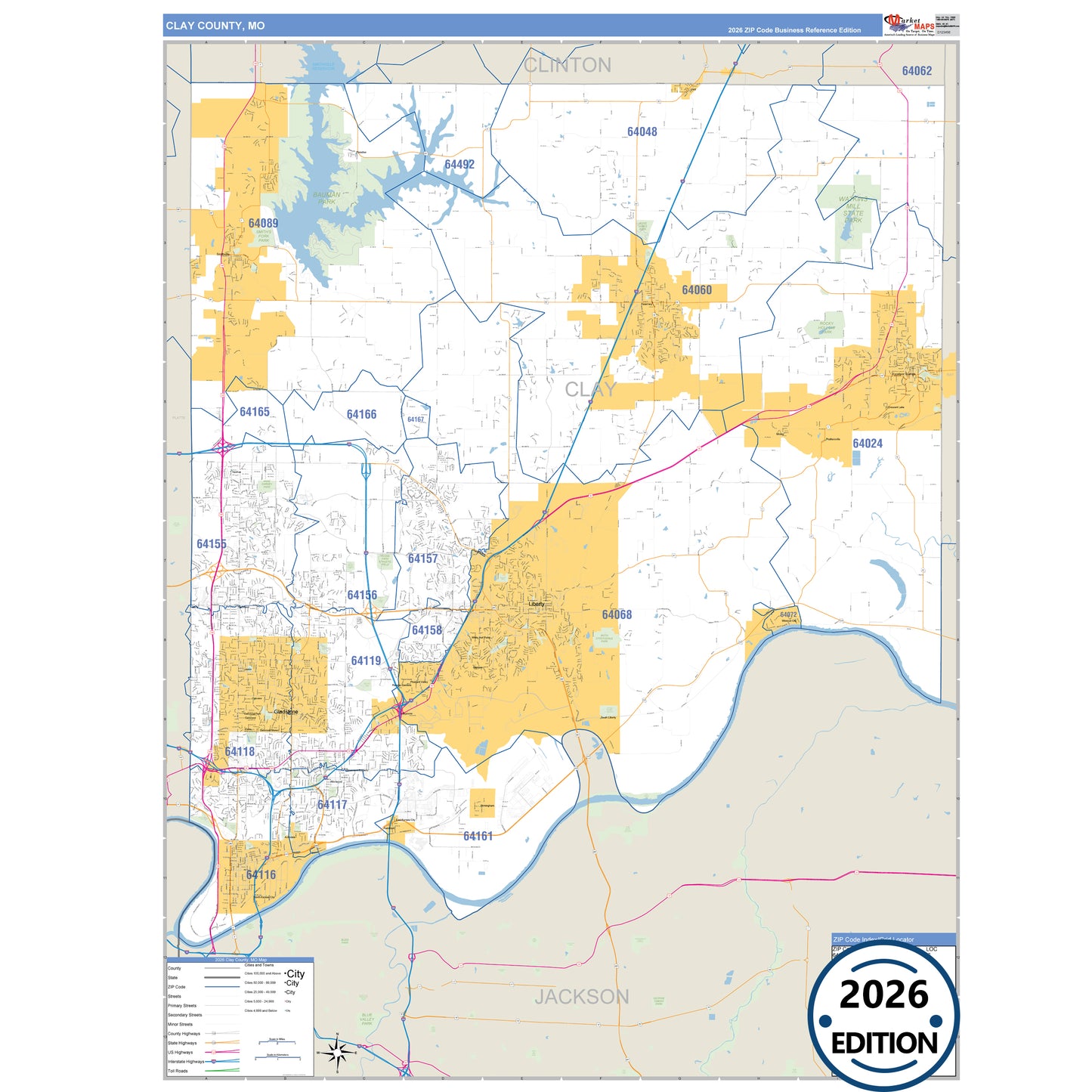 Clay County, MO Business Reference 5 Digit ZIP Code Wall Map