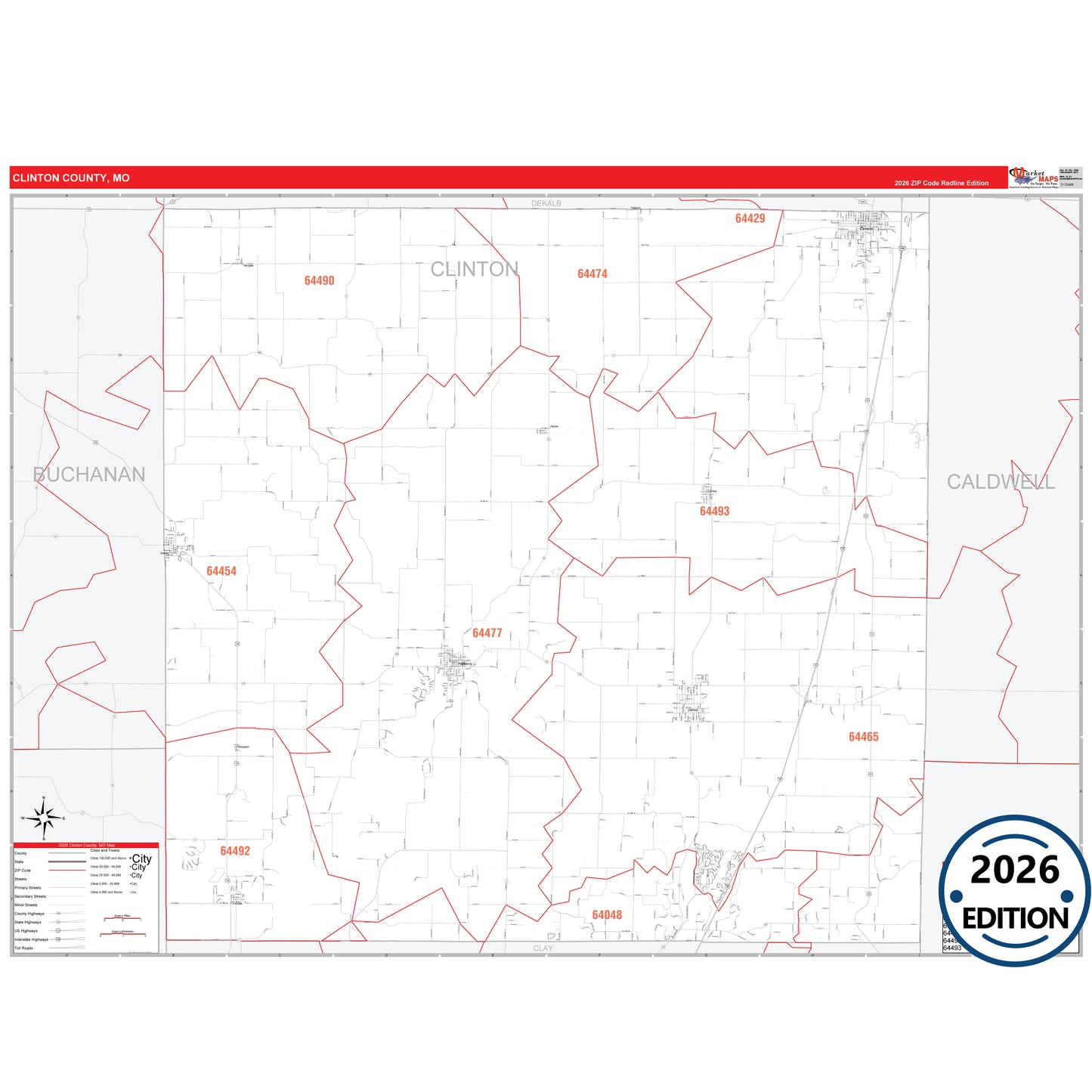 Clinton County, MO Red Line 5 Digit ZIP Code Wall Map