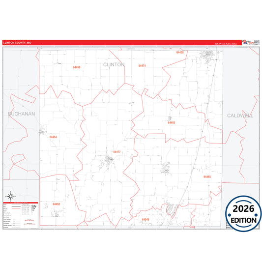 Clinton County, MO Red Line 5 Digit ZIP Code Wall Map