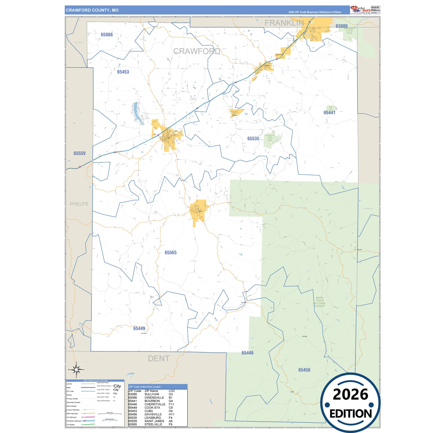 Crawford County, MO Business Reference 5 Digit ZIP Code Wall Map