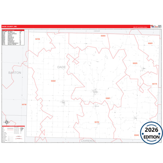 Dade County, MO Red Line 5 Digit ZIP Code Wall Map
