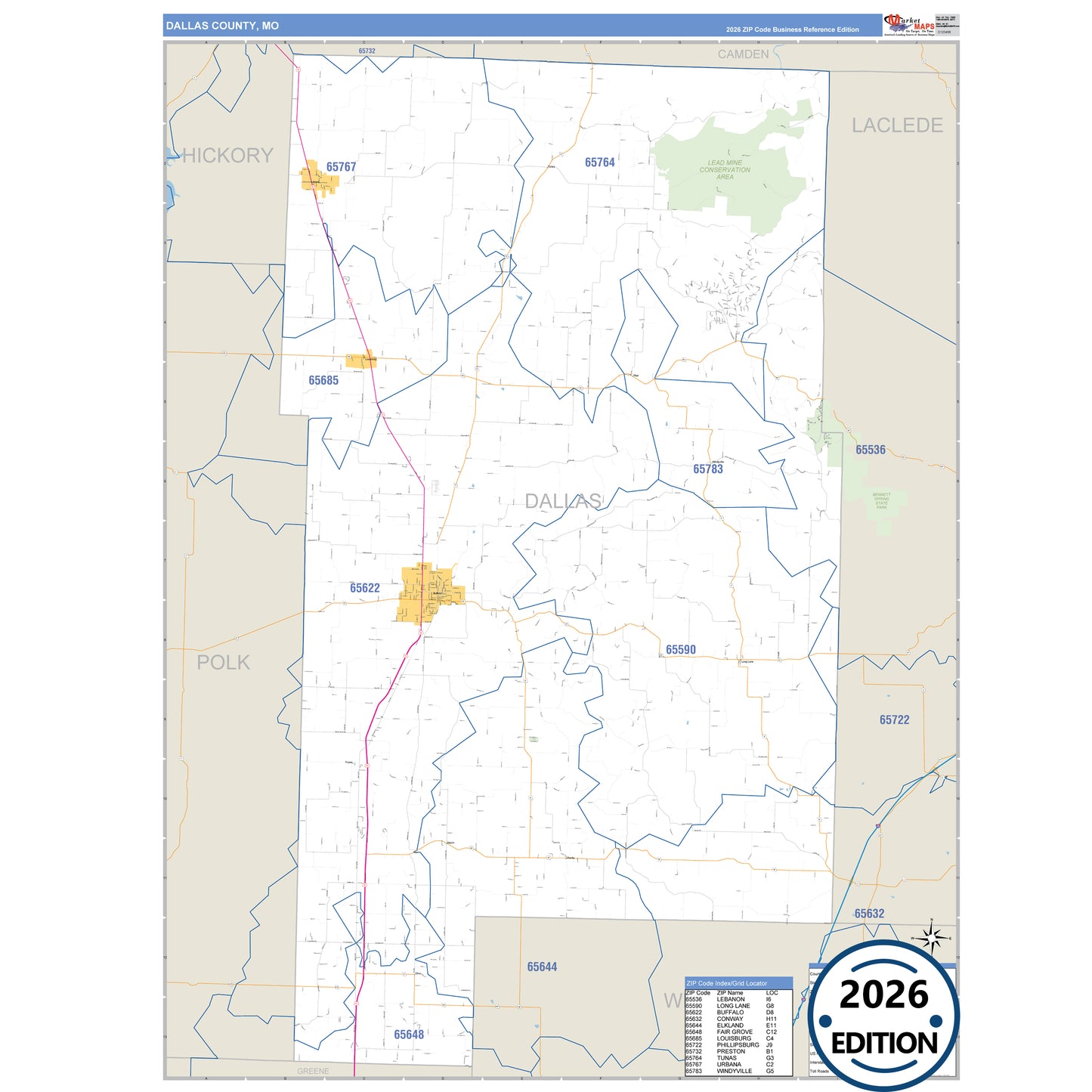 Dallas County, MO Business Reference 5 Digit ZIP Code Wall Map