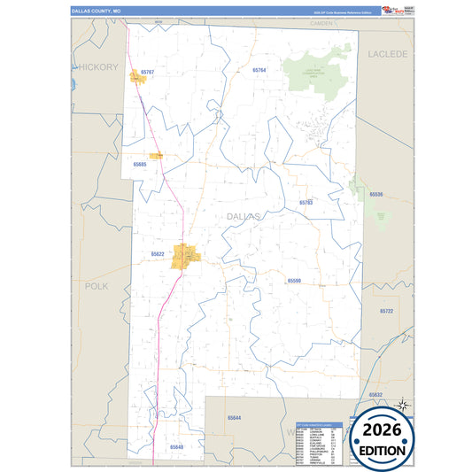 Dallas County, MO Business Reference 5 Digit ZIP Code Wall Map