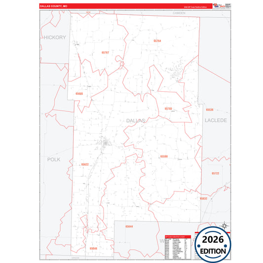 Dallas County, MO Red Line 5 Digit ZIP Code Wall Map