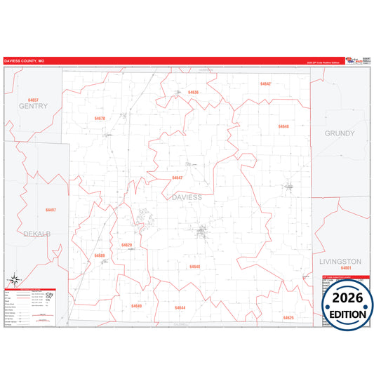 Daviess County, MO Red Line 5 Digit ZIP Code Wall Map
