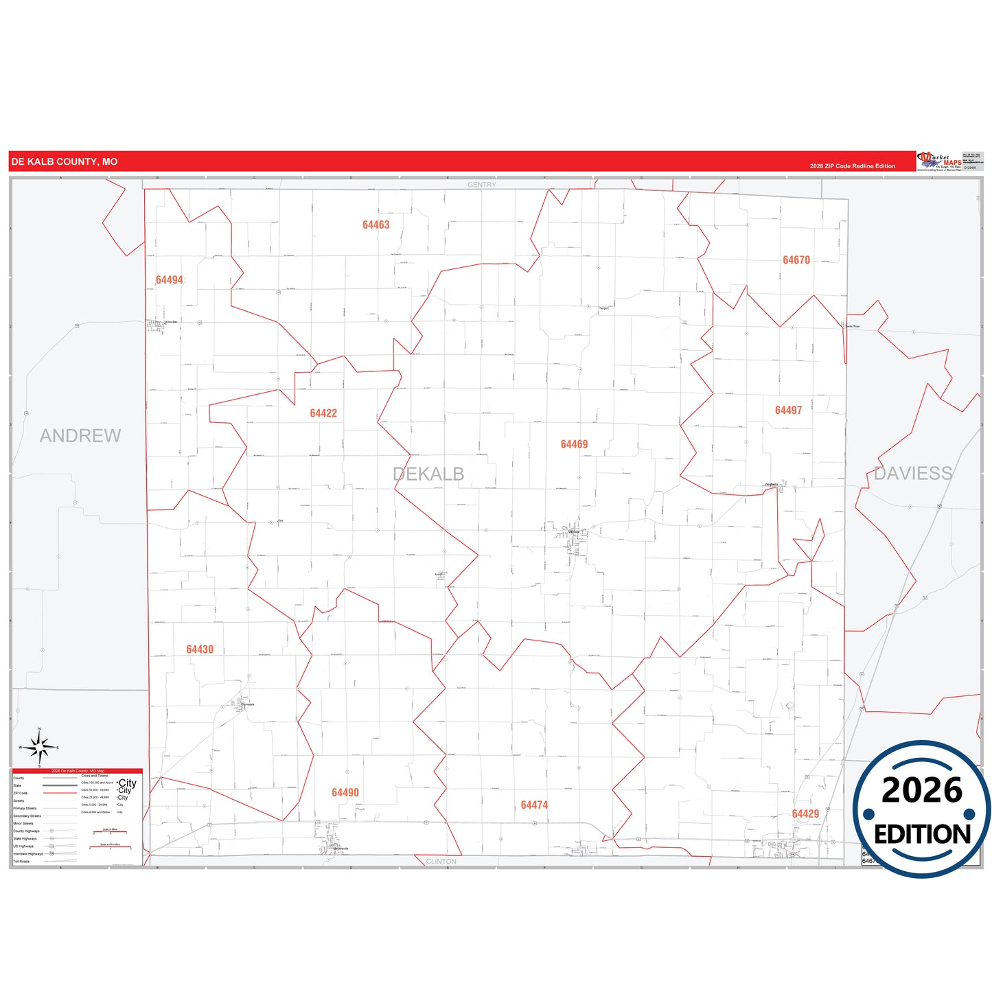 DeKalb County, MO Red Line 5 Digit ZIP Code Wall Map