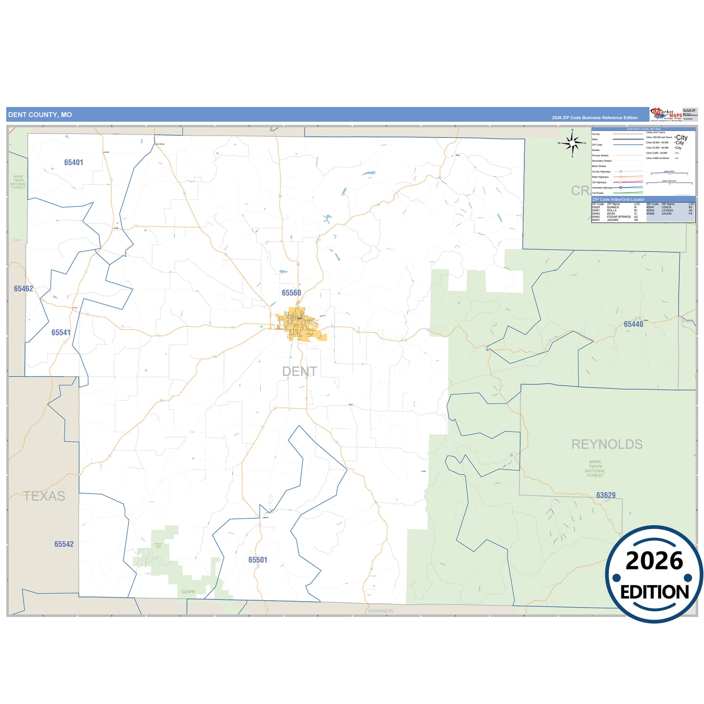 Dent County, MO Business Reference 5 Digit ZIP Code Wall Map