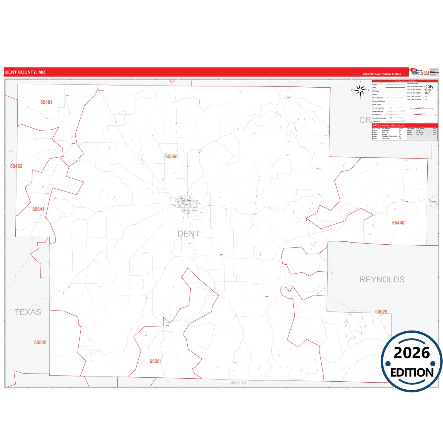 Dent County, MO Red Line 5 Digit ZIP Code Wall Map