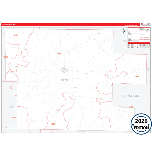 Dent County, MO Red Line 5 Digit ZIP Code Wall Map