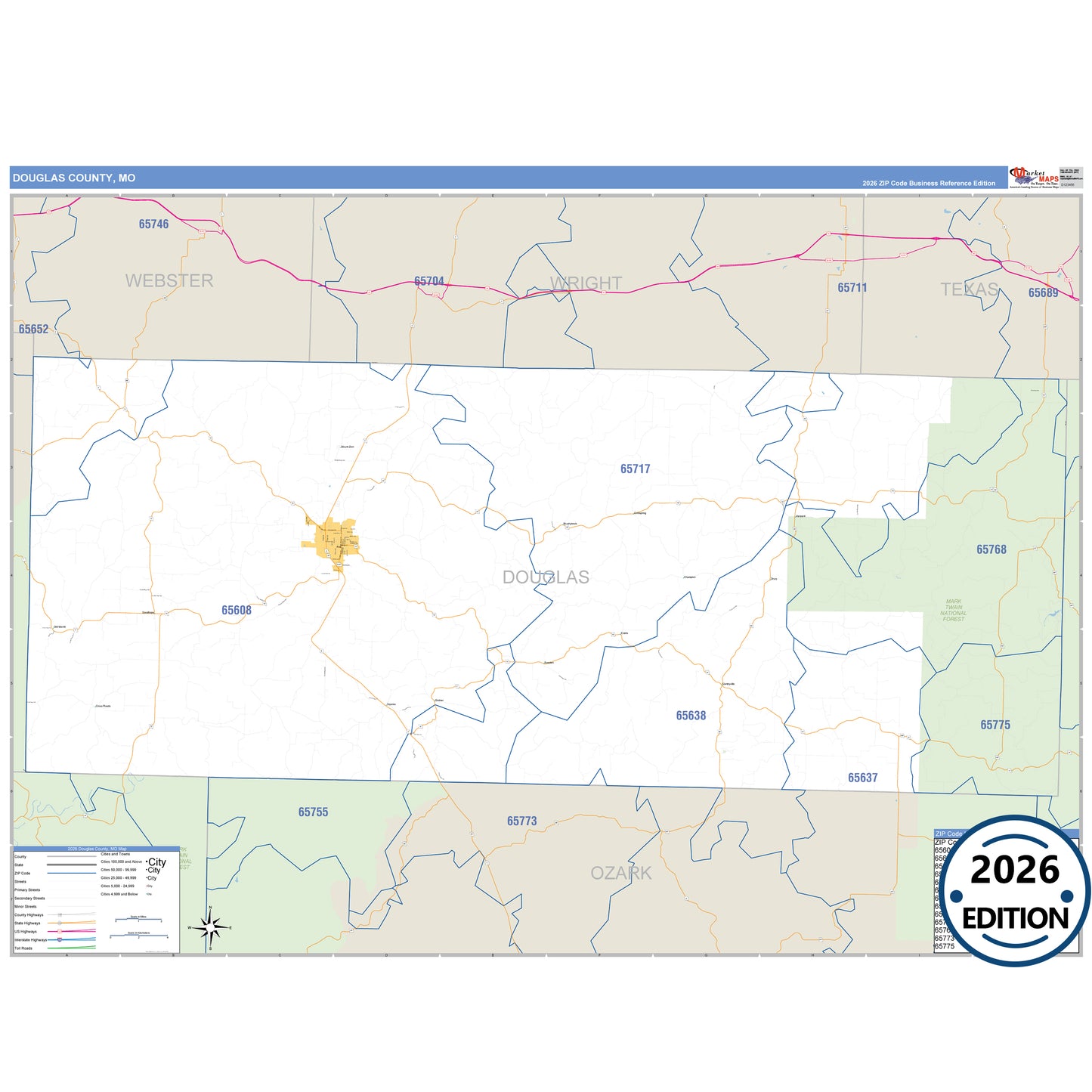 Douglas County, MO Business Reference 5 Digit ZIP Code Wall Map