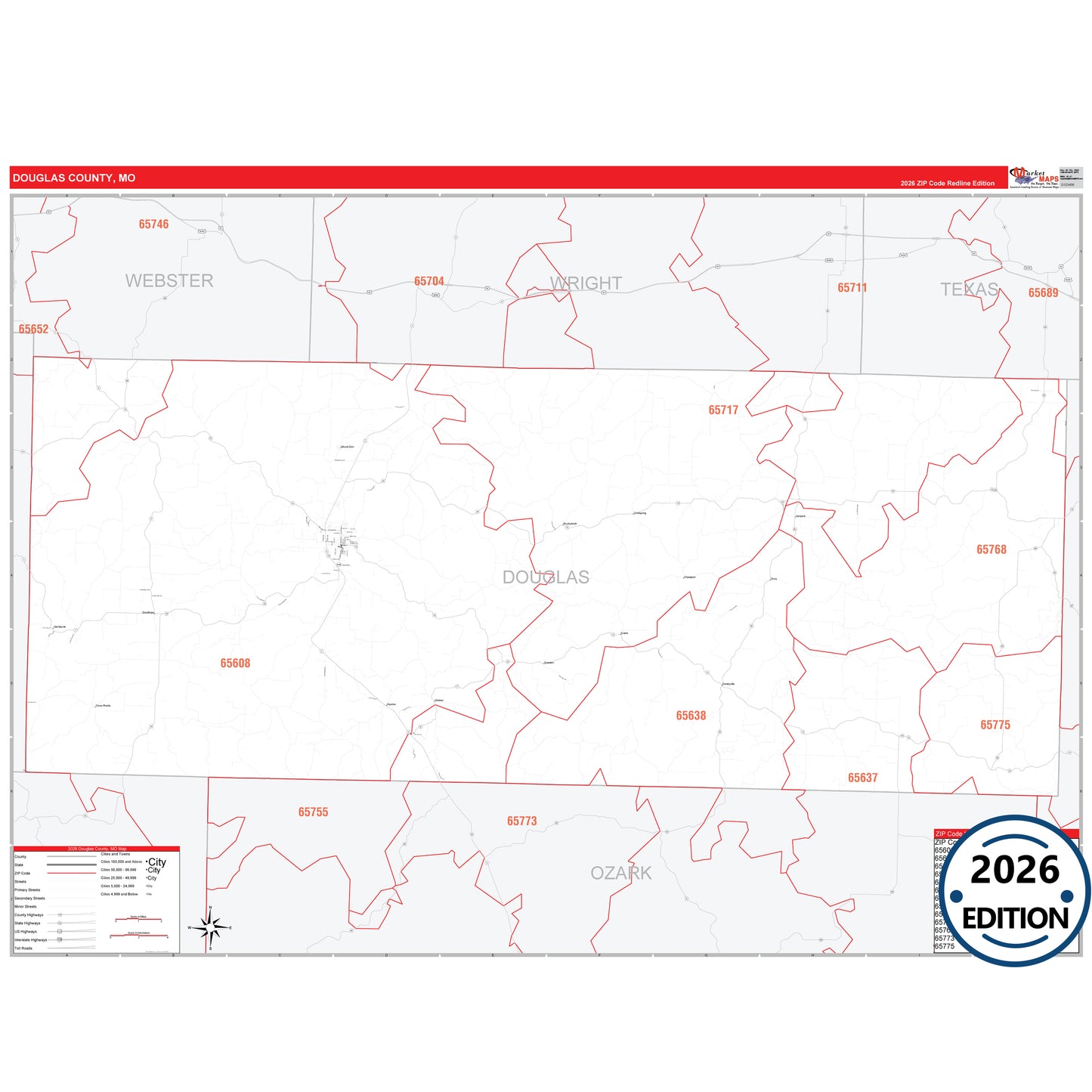Douglas County, MO Red Line 5 Digit ZIP Code Wall Map