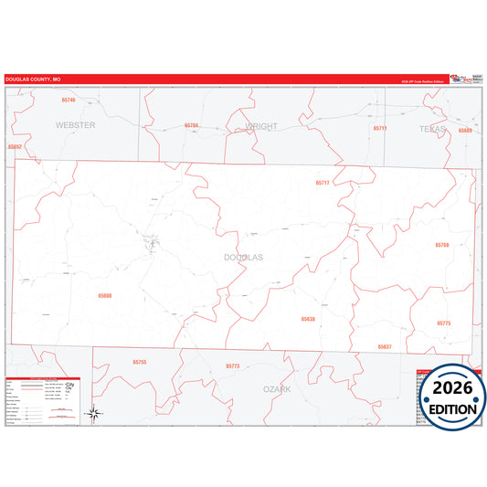 Douglas County, MO Red Line 5 Digit ZIP Code Wall Map