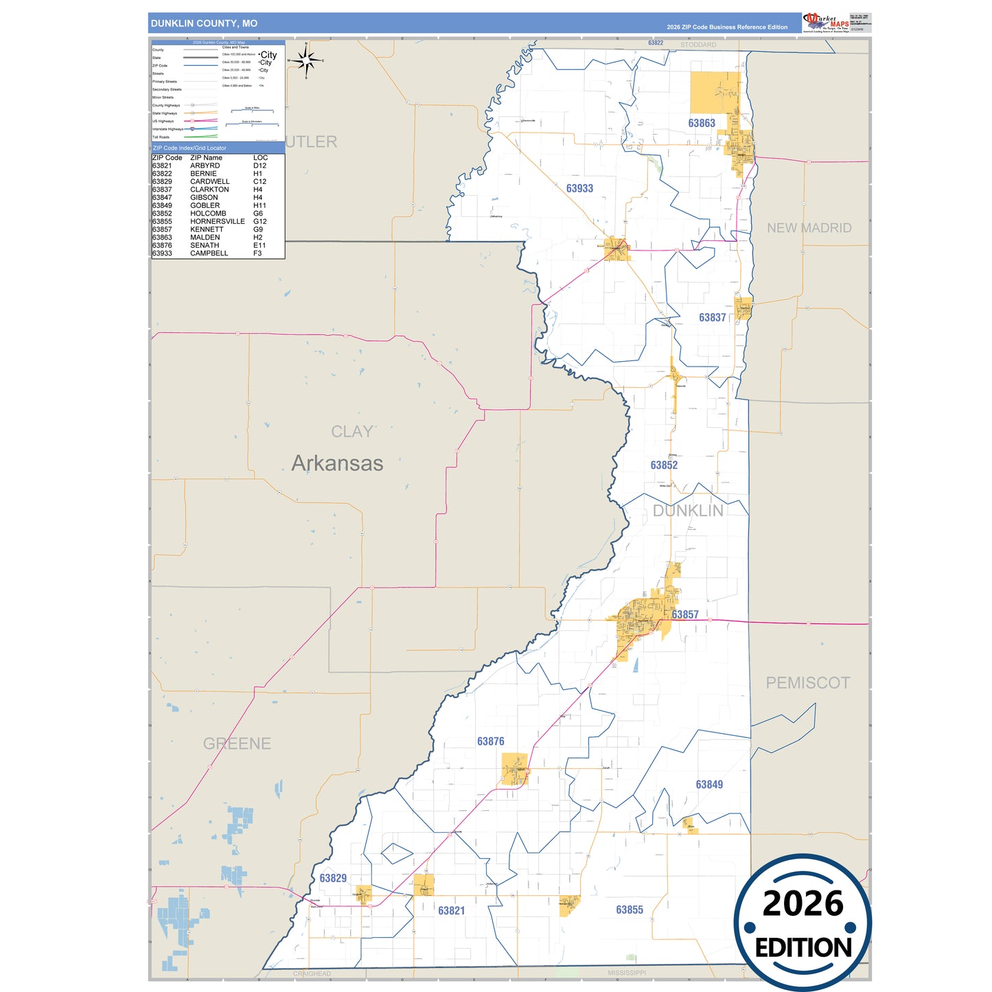 Dunklin County, MO Business Reference 5 Digit ZIP Code Wall Map