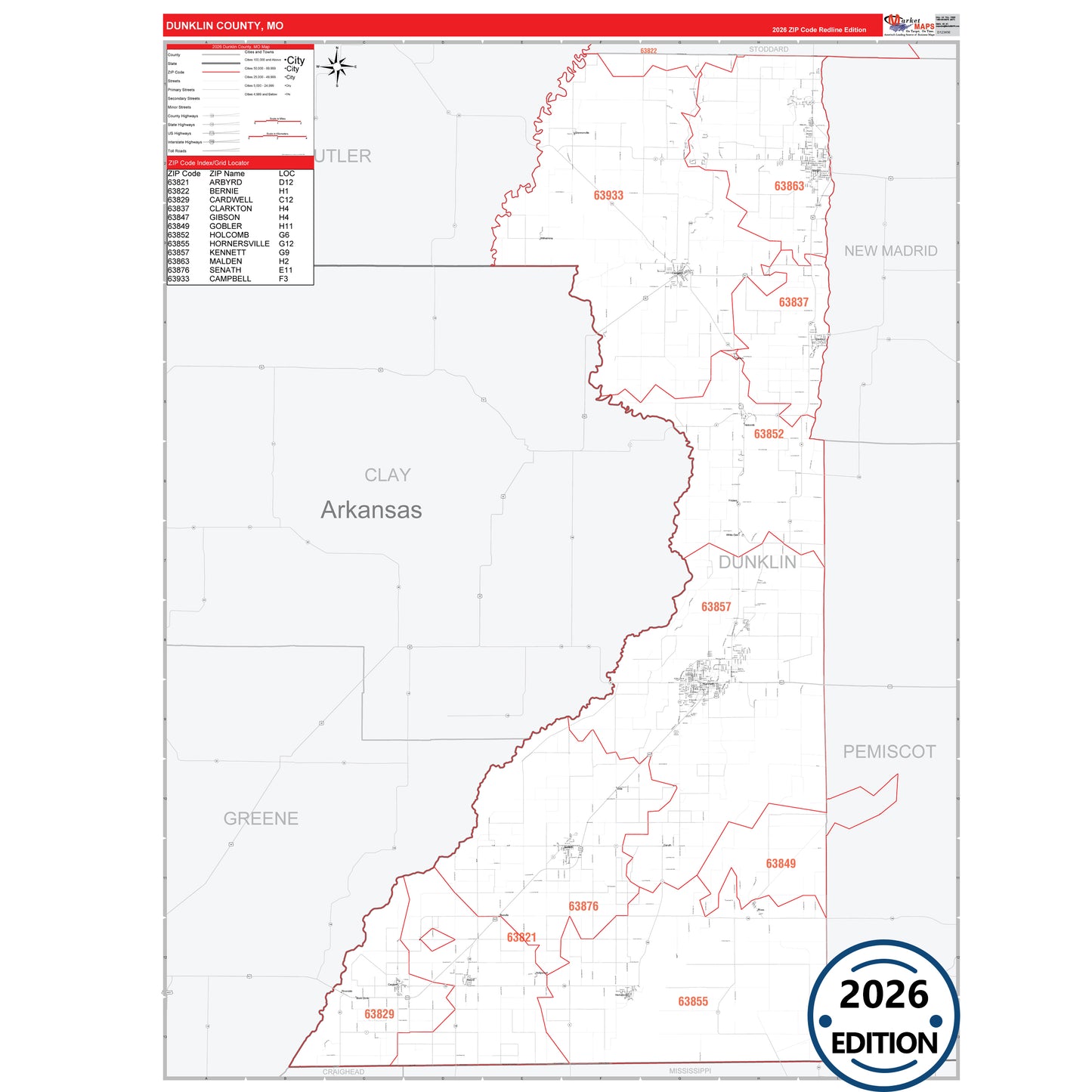 Dunklin County, MO Red Line 5 Digit ZIP Code Wall Map
