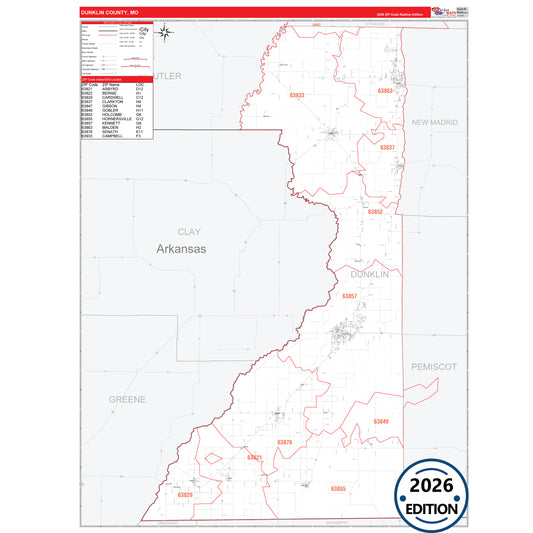 Dunklin County, MO Red Line 5 Digit ZIP Code Wall Map