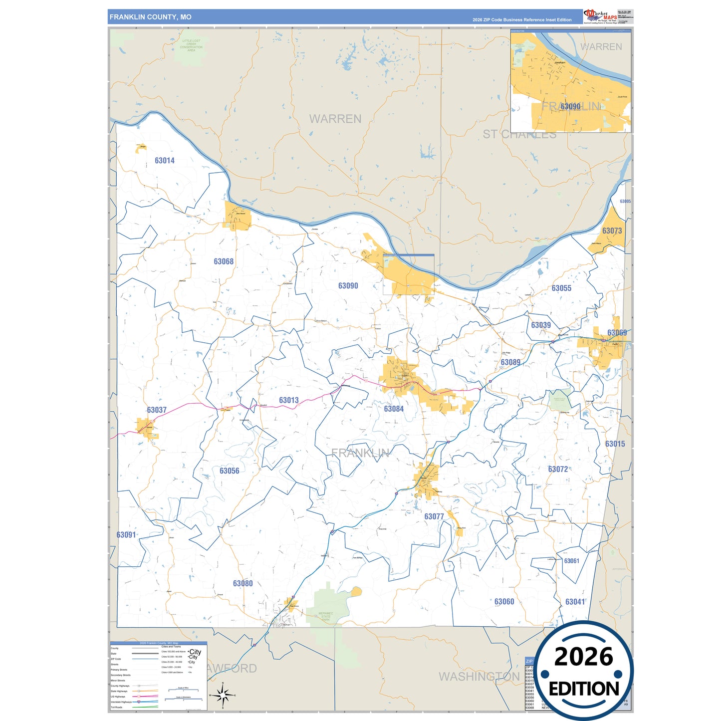 Franklin County, MO Business Reference 5 Digit ZIP Code Wall Map