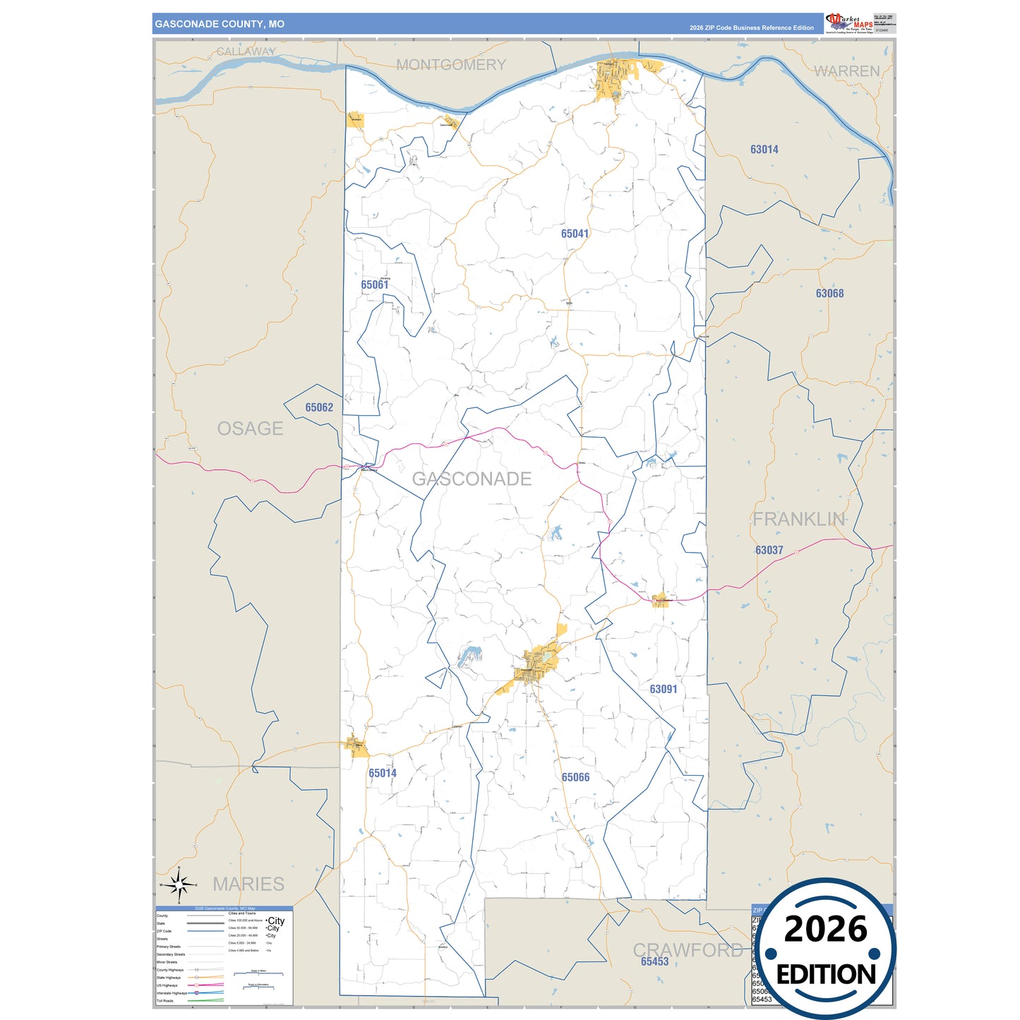 Gasconade County, MO Business Reference 5 Digit ZIP Code Wall Map