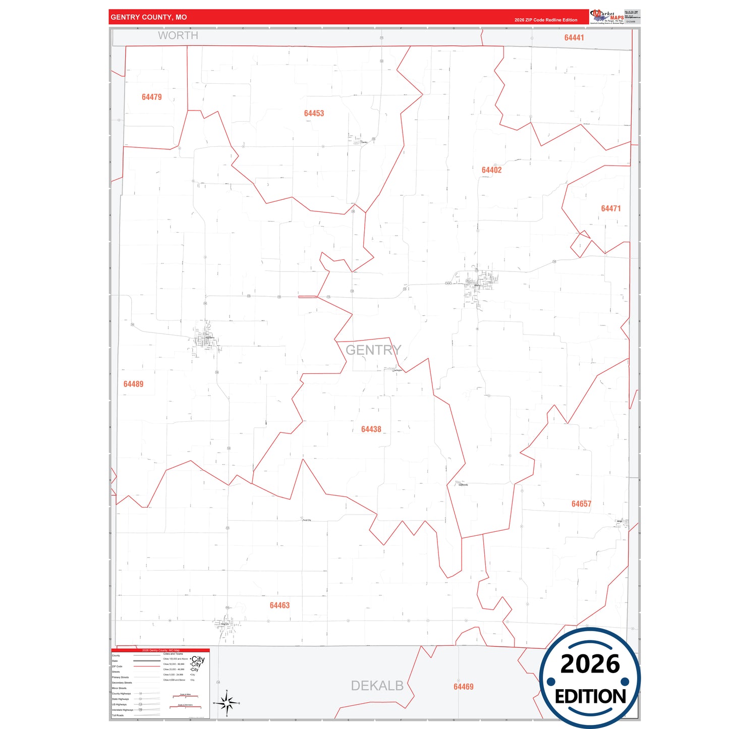 Gentry County, MO Red Line 5 Digit ZIP Code Wall Map