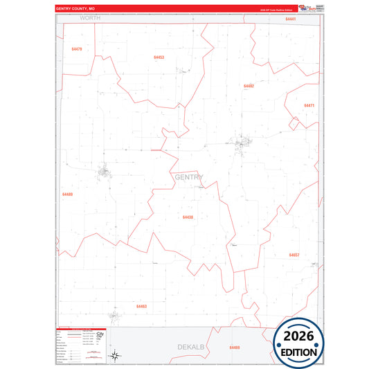 Gentry County, MO Red Line 5 Digit ZIP Code Wall Map
