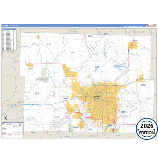 Greene County, MO Business Reference 5 Digit ZIP Code Wall Map