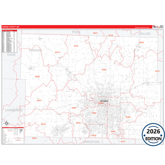 Greene County, MO Red Line 5 Digit ZIP Code Wall Map