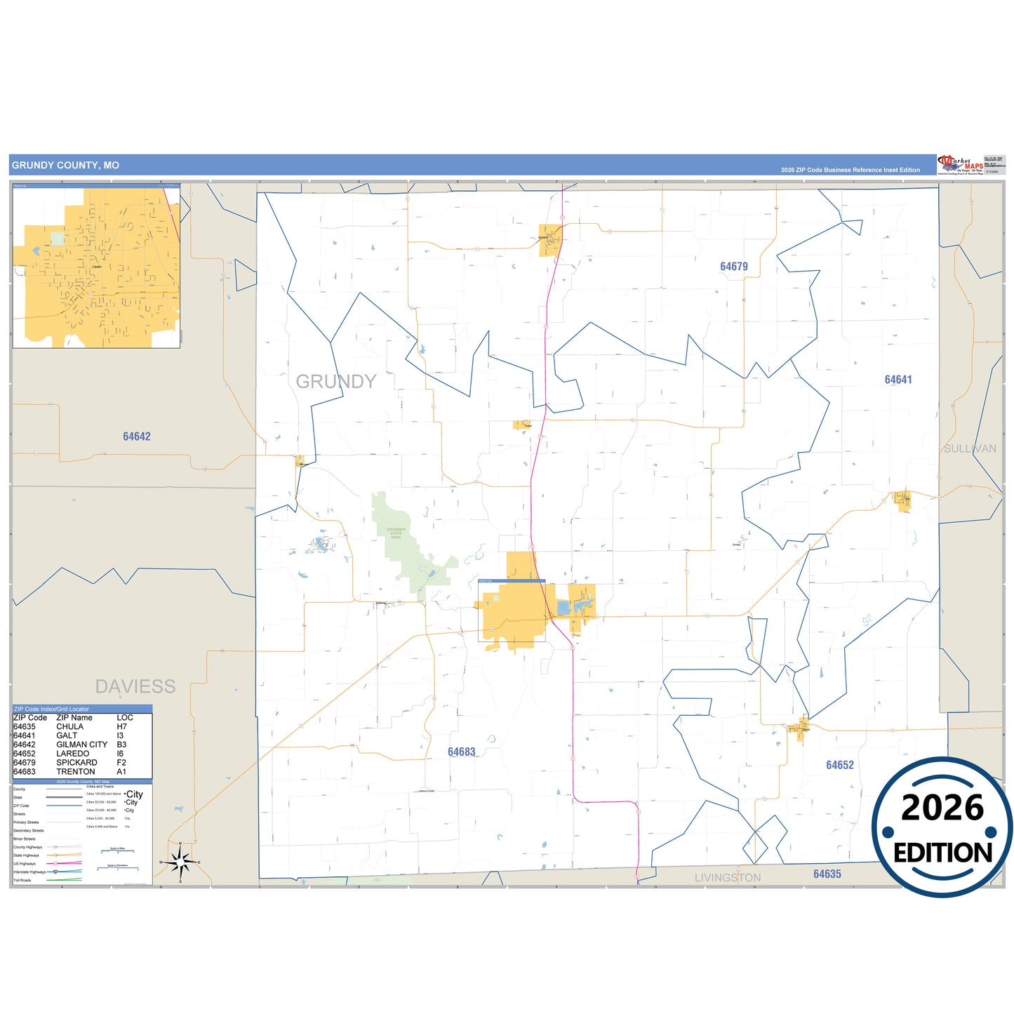 Grundy County, MO Business Reference 5 Digit ZIP Code Wall Map