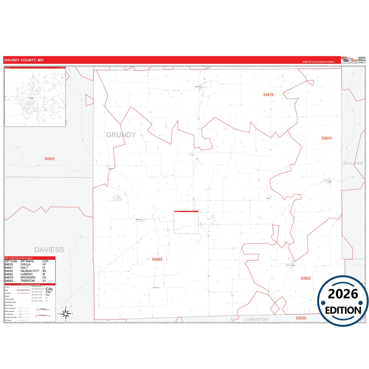 Grundy County, MO Red Line 5 Digit ZIP Code Wall Map