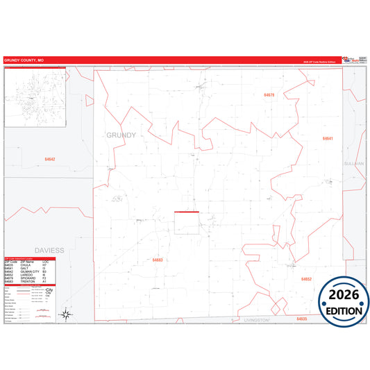 Grundy County, MO Red Line 5 Digit ZIP Code Wall Map