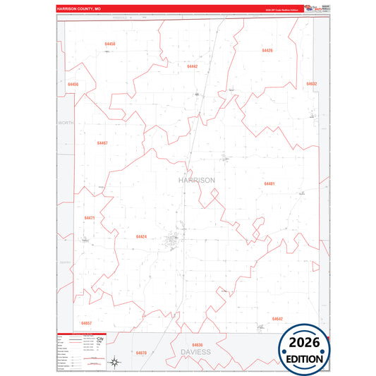Harrison County, MO Red Line 5 Digit ZIP Code Wall Map