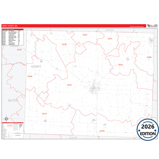 Henry County, MO Red Line 5 Digit ZIP Code Wall Map