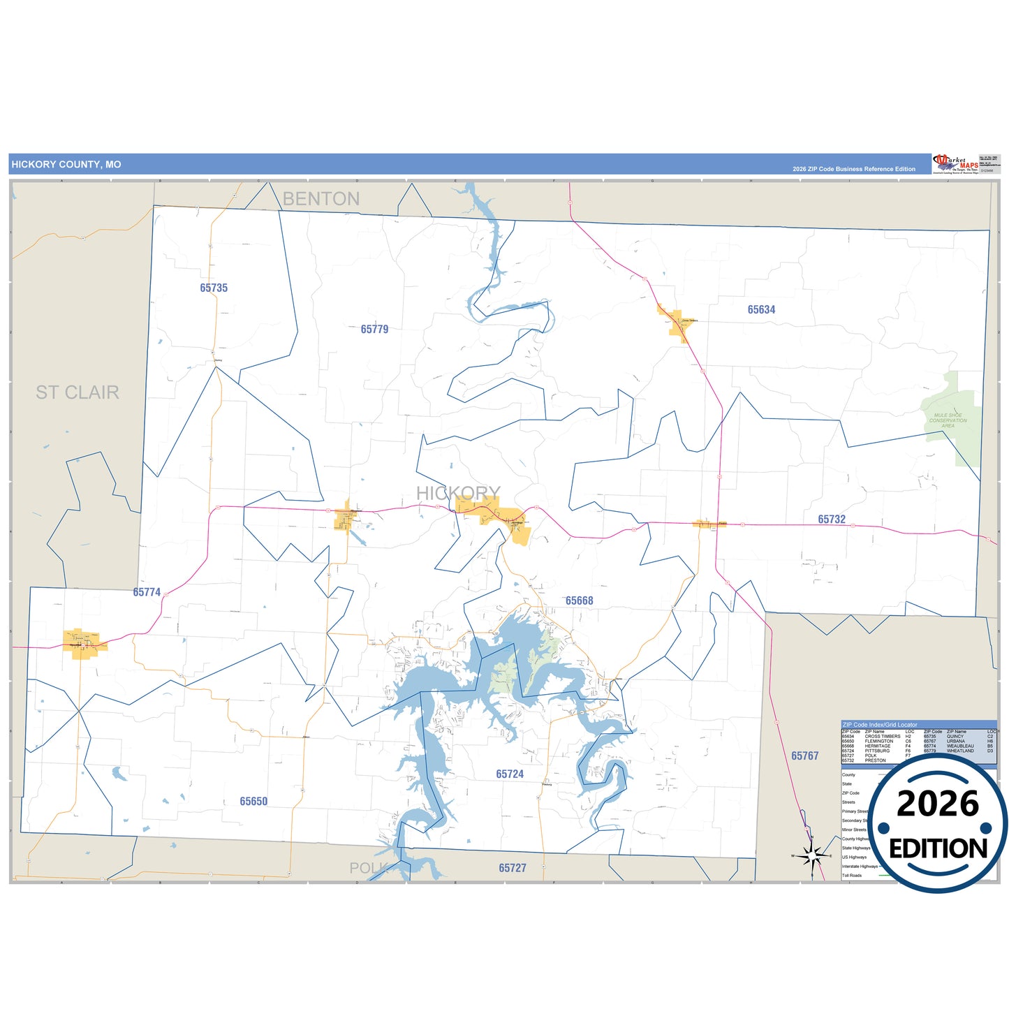 Hickory County, MO Business Reference 5 Digit ZIP Code Wall Map