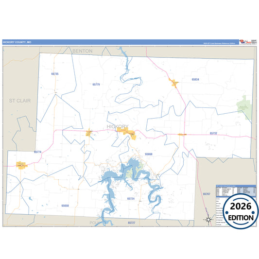 Hickory County, MO Business Reference 5 Digit ZIP Code Wall Map