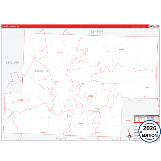 Hickory County, MO Red Line 5 Digit ZIP Code Wall Map