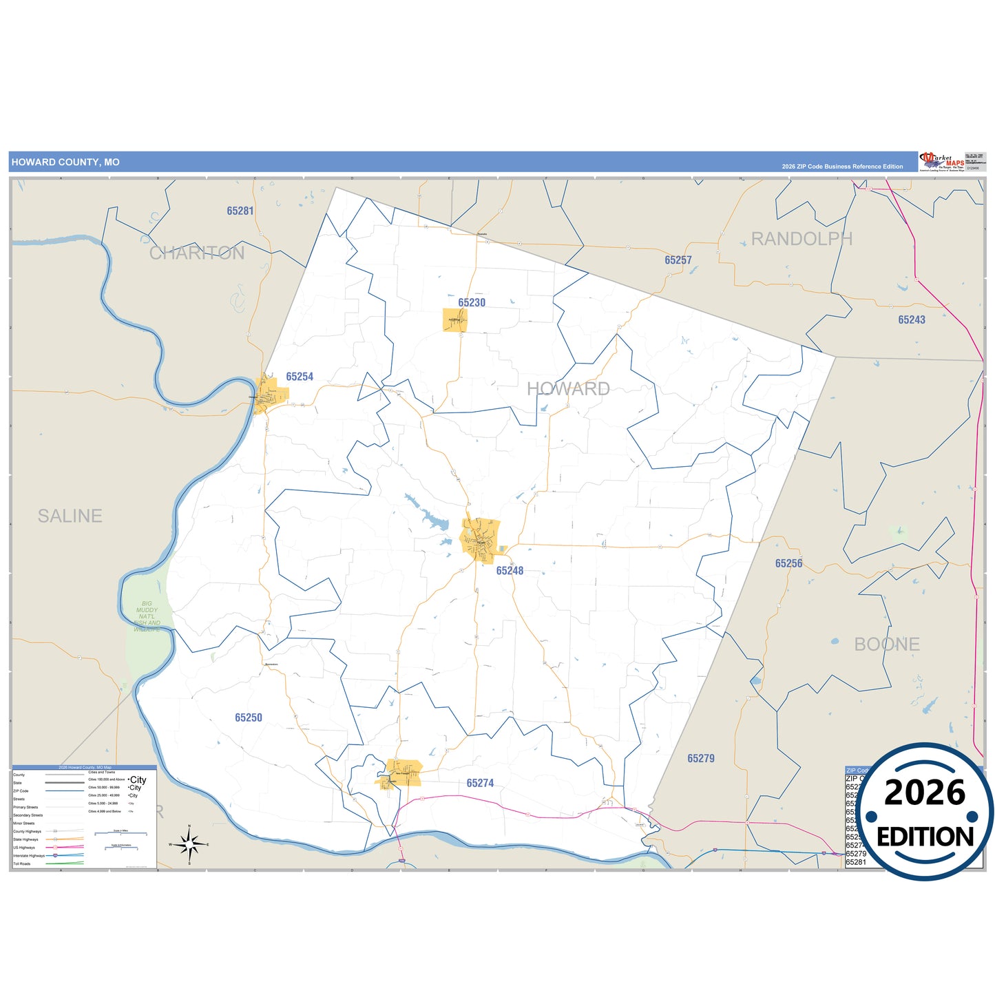 Howard County, MO Business Reference 5 Digit ZIP Code Wall Map