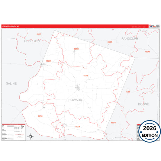 Howard County, MO Red Line 5 Digit ZIP Code Wall Map
